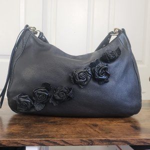 Elliott Luca Leather Black Purse Shoulder Flowers Medium Zip